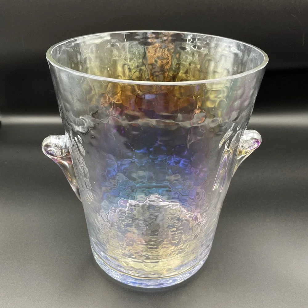 Anthropologie Zaza Iridescent Hammered Glass Ice Bucket Scroll Handles 8.5in H